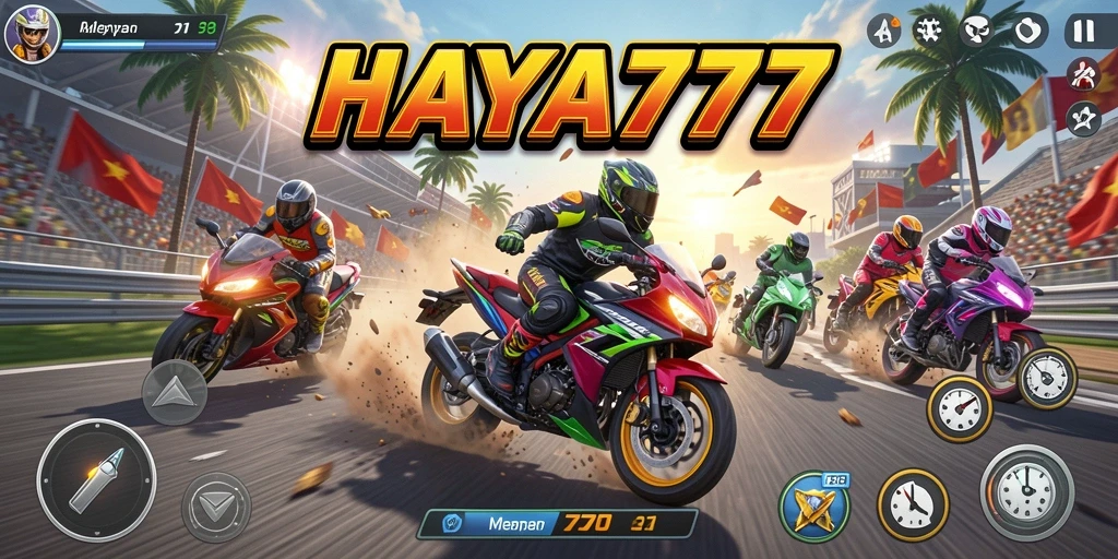 Screenshot utama HAYA777 menampilkan aksi balapan motor yang seru di trek.