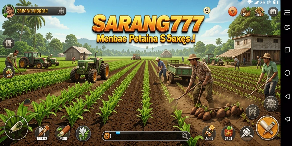 Screenshot utama SARANG777 menampilkan aktivitas bertani yang seru dan penuh warna.